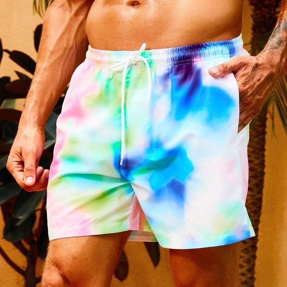 Multicolor Vacation Mens Tie Dye Drawstring Waist Swim Trunks - Picture 3 of 5